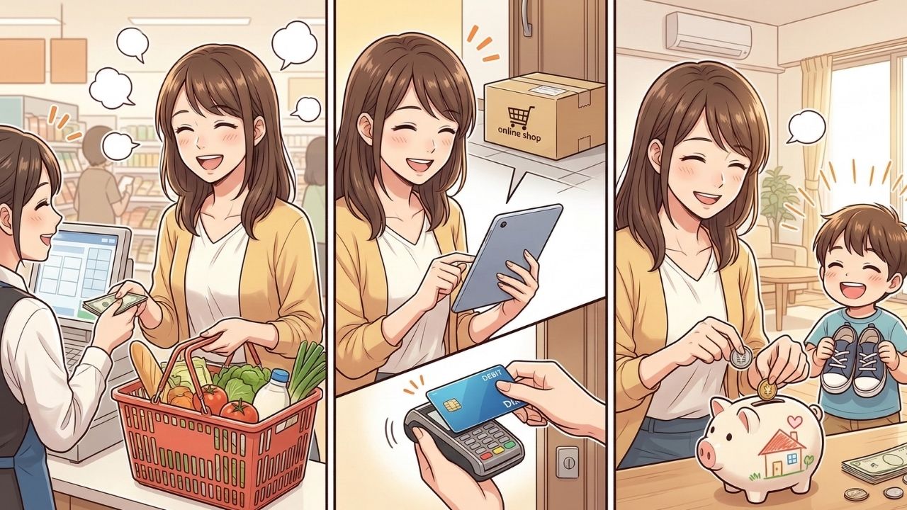 【警告】生活費のリボ払いが終わらないシングルマザーへ！任意整理で残高地獄をリセットした後の、クレカなしでも安心な生活を描いた3枚の漫画風イラスト。左パネル：スーパーで買い物カゴいっぱいの食品を笑顔で購入する家計改善。中央パネル：デビットカードを使いオンラインショッピングを楽しむ。右パネル：貯金ができ、新しい靴を持つ息子と笑い合う幸せな未来。