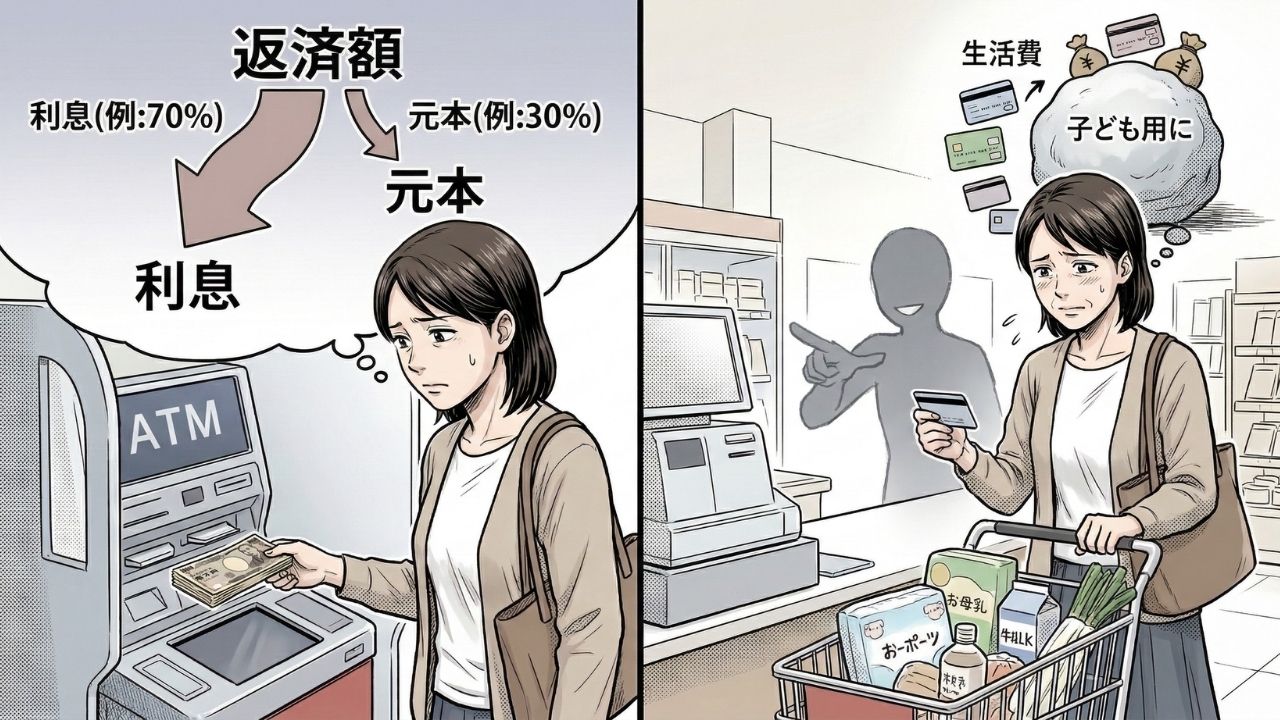 生活費のために使ったリボ払いが終わらない理由を視覚的に解説した漫画風イラスト。左側は、ATMで毎月返済しても大部分が「利息」に消え、「元本」が減らない残酷なカラクリ。右側は、贅沢ではなく「生活費」や「子どものため」の出費で借金が雪だるま式に膨らみ、スーパーのレジで悩むシングルマザーの姿を描いています。
