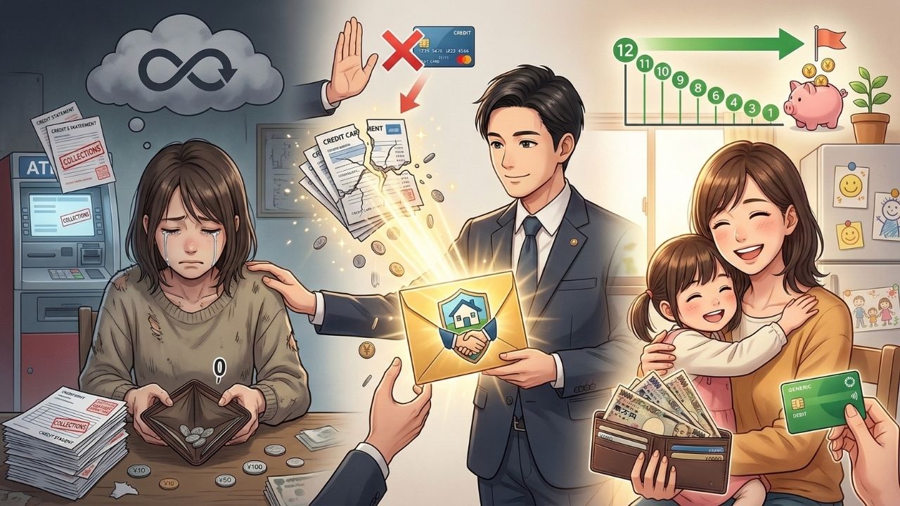 手持ち0円のシングルマザーが弁護士に借金解決を依頼できるカラクリを図解したイラスト。左側の財布が空で絶望する母親に対し、中央の弁護士が「受任通知」を出してカードの督促と返済をストップさせます。その結果、右側では手元にお金が残り、デビットカードを使いながら笑顔で子どもを抱きしめる明るい未来が描かれています。