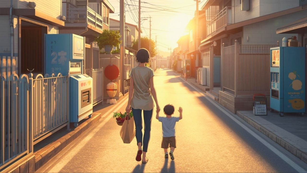 リボ払いの悩みから解放され、子どもと買い物帰りの道を歩むシングルマザーの希望に満ちたイラスト。借金解決後の穏やかな日常を表現。