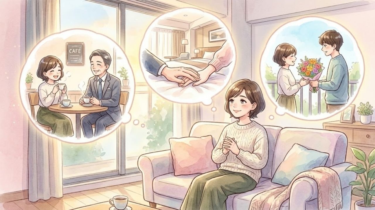 ソファに座り、穏やかで前向きな表情で thinking（考えている）日本人シングルマザー。彼女の前には、週末のデート、秘密のパートナー、年下彼氏など、多様な「大人の関係」を象徴するキラキラしたアイコンが浮いている。水彩画風イラスト。