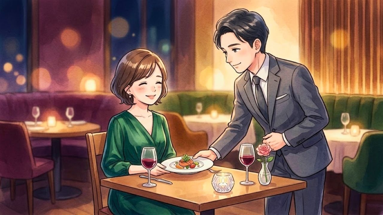 夜のレストランで、男性からエスコートされ、楽しそうに食事をする日本人シングルマザー。一人の女性として優しく扱われることで、カサカサだった心に一気に潤いが戻った瞬間。水彩画風イラスト。
