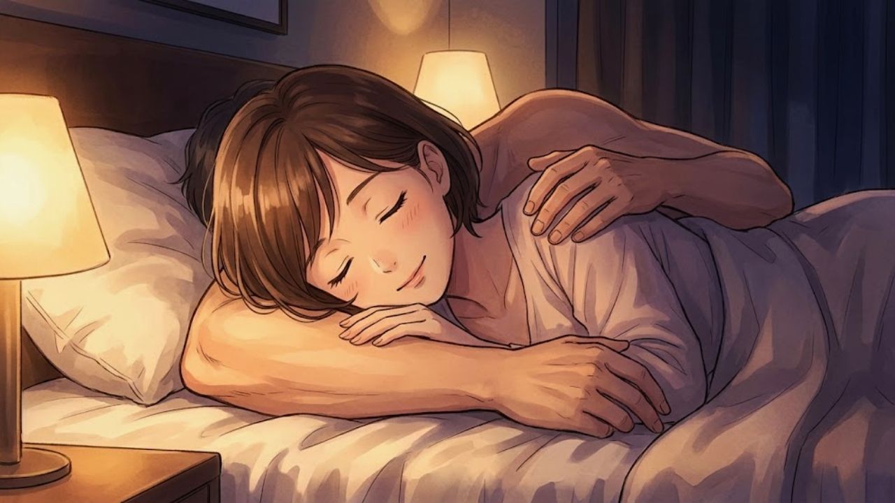 綺麗で薄暗いホテルの部屋、ベッドの上で、男性の大きな手で優しく背中を撫でられ、抱きしめられる日本人シングルマザー。人肌のぬくもりに安堵し、心の中の「女」が生き返った瞬間。水彩画風イラスト。