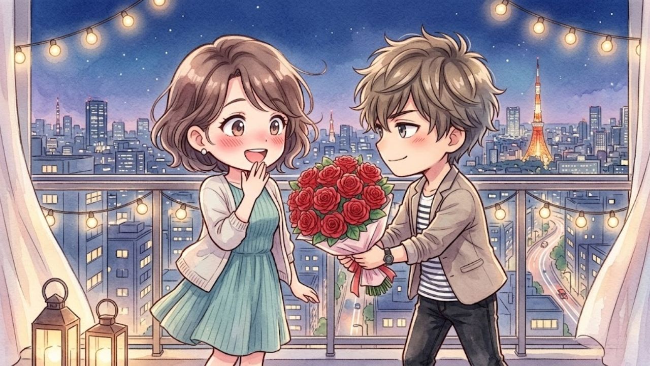 夜の街並みを背景にしたバルコニーで、年下の男性から花束（赤いバラ）を受け取り、頬を染めて嬉しそうに微笑む日本人シングルマザー。彼の情熱的な愛に、「もうおばさんだから」という卑屈さを壊され、女としての自信を劇的に呼び覚まされた瞬間。水彩画風イラスト。