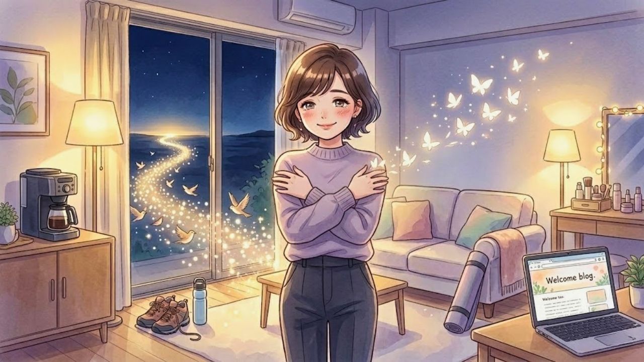 夜遅く、自分の心地よいアパートに帰宅し、 Fulfilled（満たされた）な表情で自分自身を抱きしめる日本人シングルマザー。頬はほんのりと赤く、目元は潤っている（艶っぽい）。手には、男性から受け取った小さな花。周囲には、女性としての喜び、愛、ときめきを象徴するキラキラしたアイコンが光の粒とともに輝いている。母親業の Responsibilities (エプロンとリュック) はもう存在しない。水彩画風イラスト。