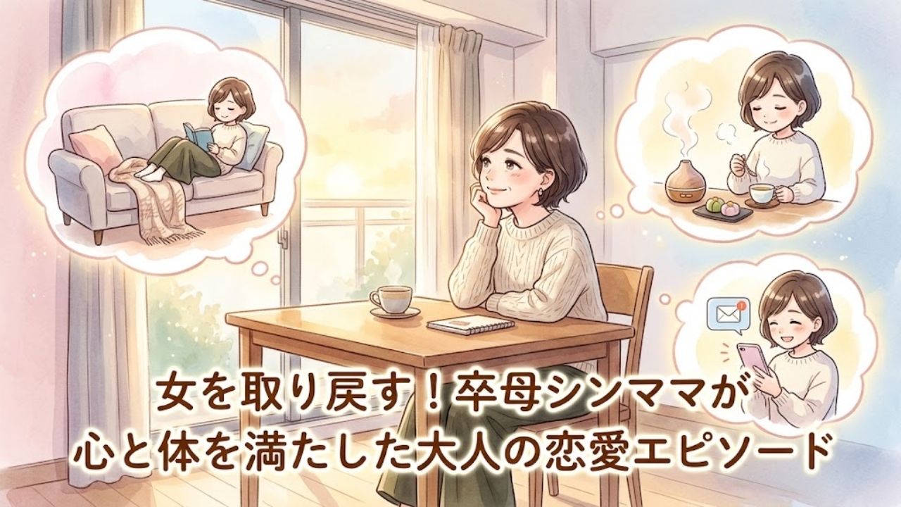 窓辺に座り、寂しげで穏やかな笑顔を浮かべるショートブラウンヘアの若々しい日本人シングルマザーのアイキャッチ。彼女の周りには、カフェ、アロマ、スマートフォンでのメッセージ、花など、これから始まる「第2の人生の楽しみ方」を象徴するキラキラしたアイコンが浮いている。下部に日本語タイトル「女を取り戻す！卒母シンママが心と体を満たした大人の恋愛エピソード」の文字入り。水彩画風イラスト。