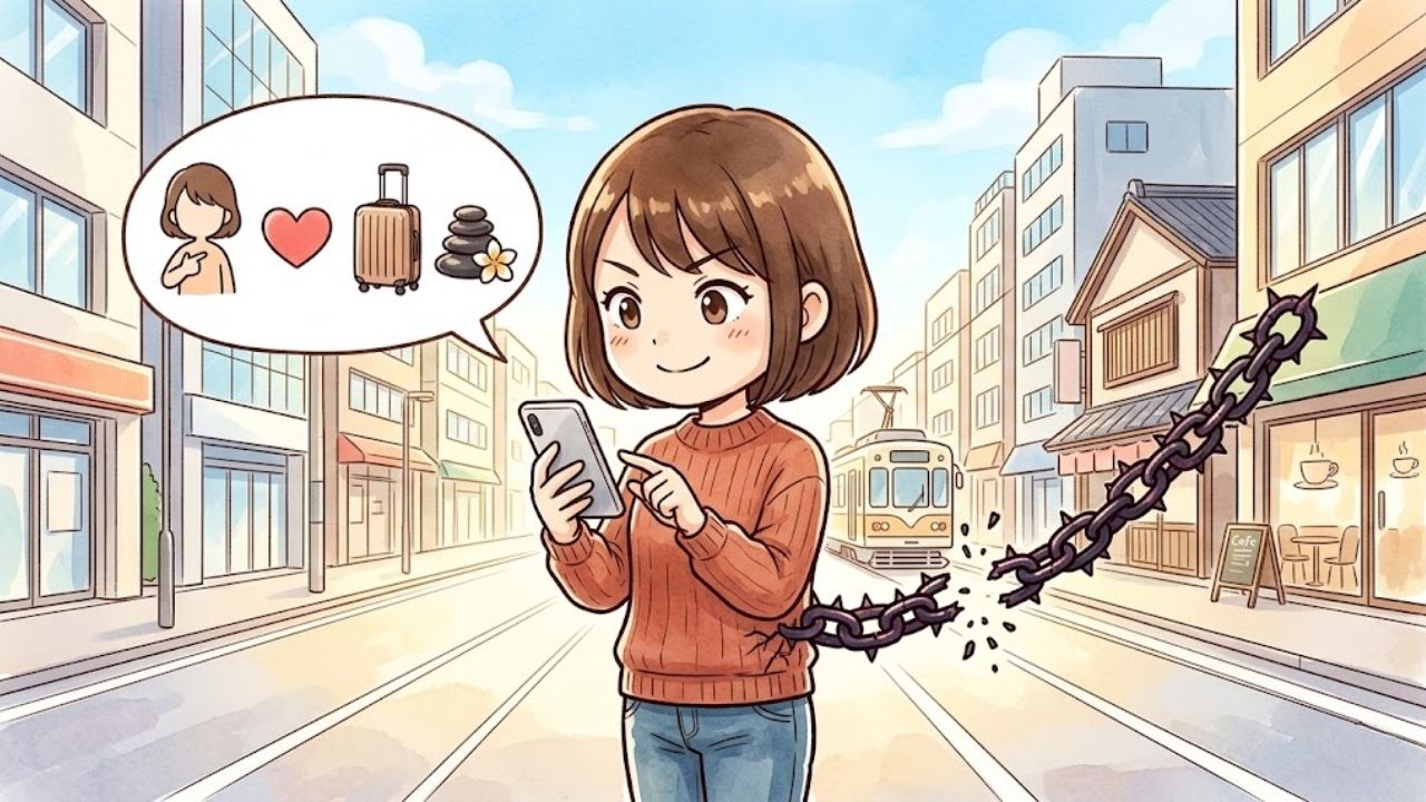 主語を「私」にしたアイメッセージと、旅行や美容などの「未来の予約」のセットで、寂しさを含みつつも自立した前向きなメッセージを子どもに送る、笑顔の若々しい日本人シングルマザーの四頭身イラスト。