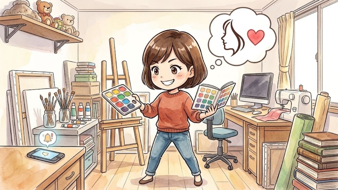 子どもの既読を待つのではなく、以前子どもが使っていた部屋を、自分軸で楽しむ趣味のスペースへと楽しげに模様替えする、活力に満ちた笑顔の若々しい日本人シングルマザーの四頭身イラスト。