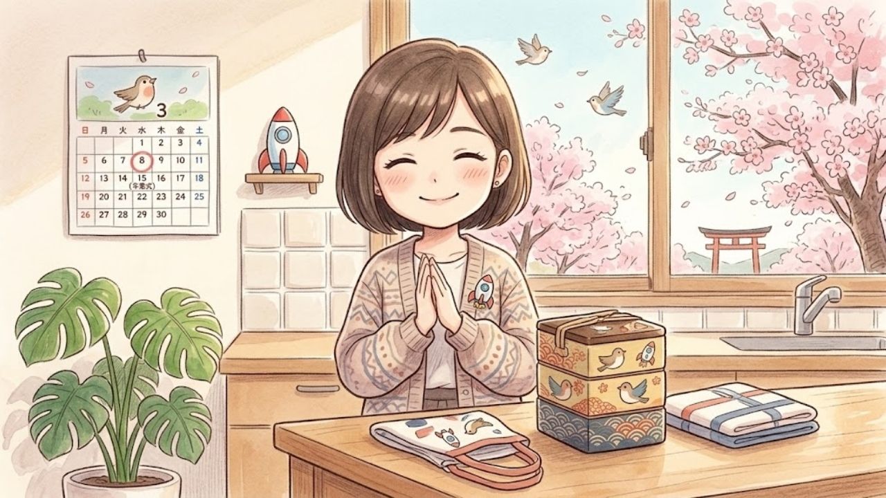 「お母さんの定年退職」を迎え、お弁当箱をそっと置いて、ほっとしたような、満足げな笑顔を浮かべる日本人シングルマザーの四頭身イラスト。