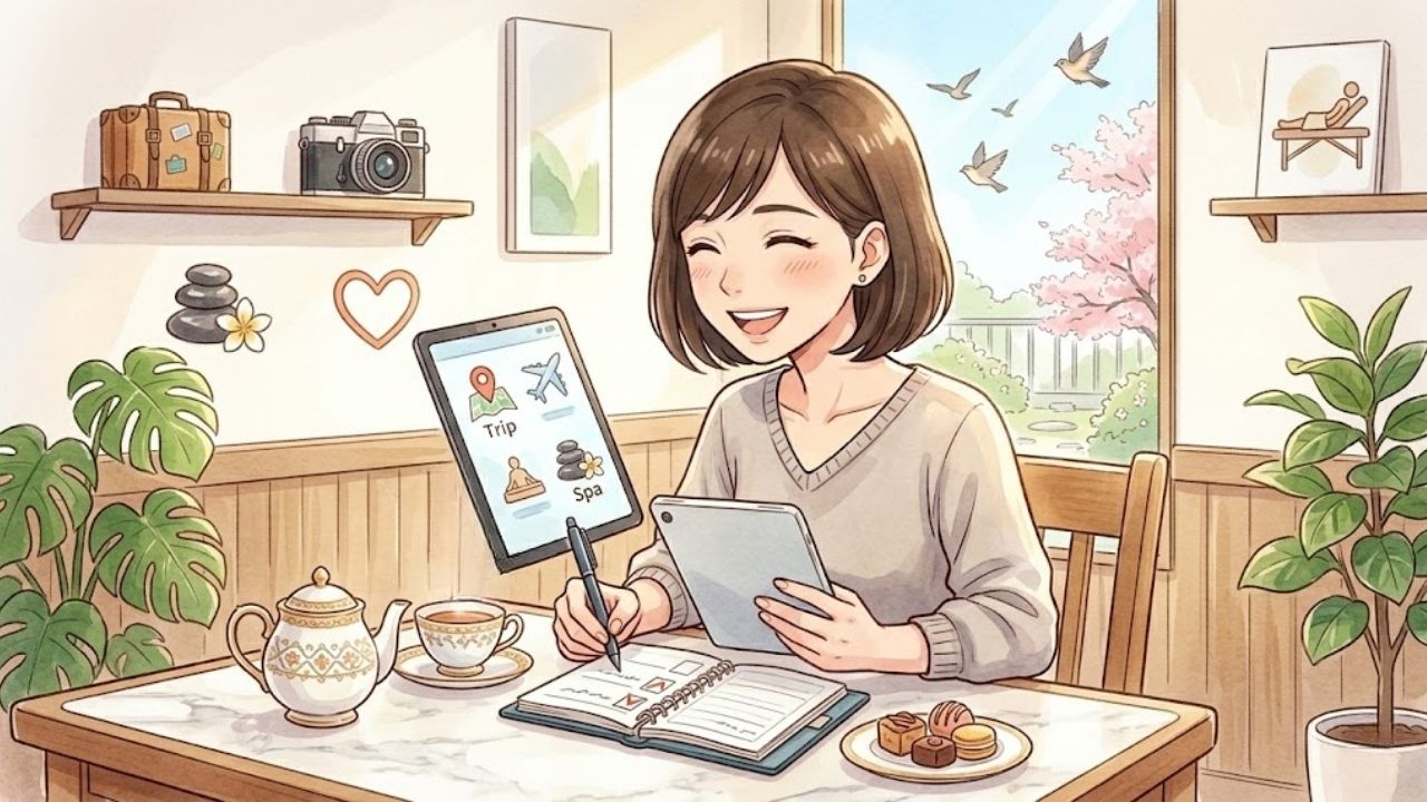 カフェでタブレットを使い、旅行や美容、学び、恋愛、休息といった、未来のワクワクする予定（予約）を計画する、晴れやかな笑顔の日本人シングルマザーの四頭身イラスト。