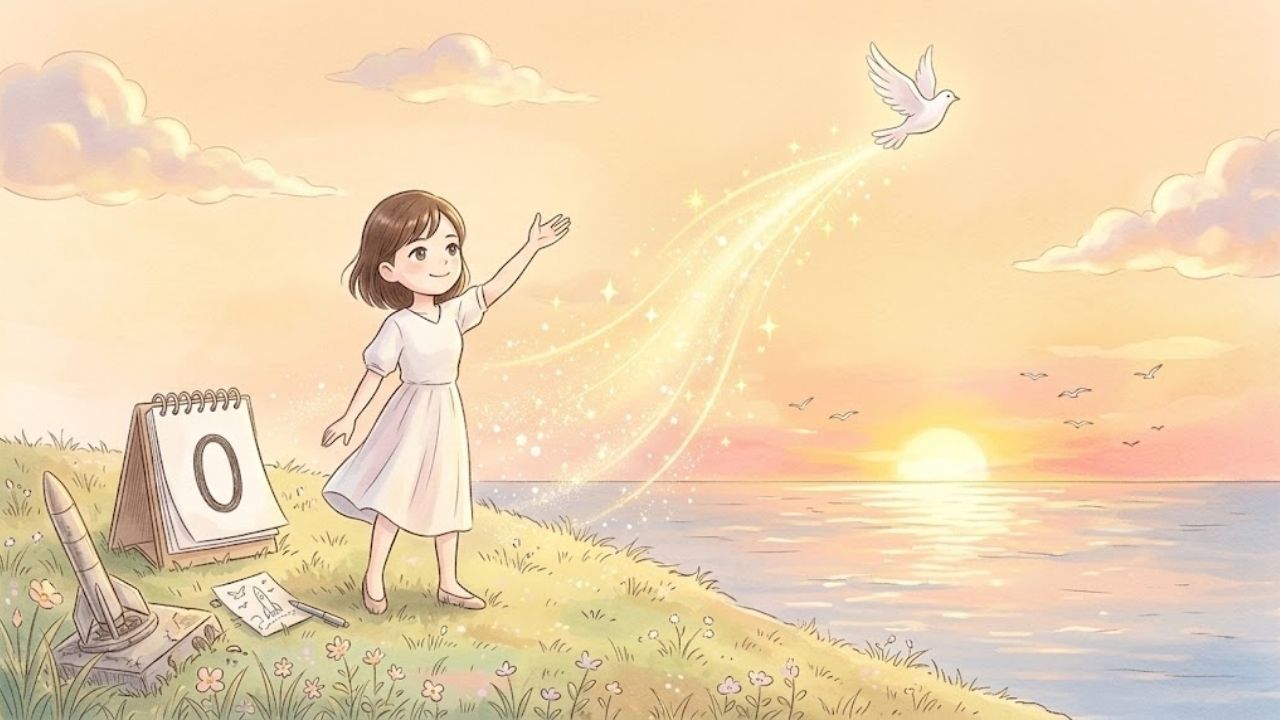 子育ての終わりを「私としての時間の始まり」というロケット点火として受け入れ、 Fulfilled（満たされた）な表情で手から白い鳥を放つ日本人シングルマザーの四頭身イラスト。