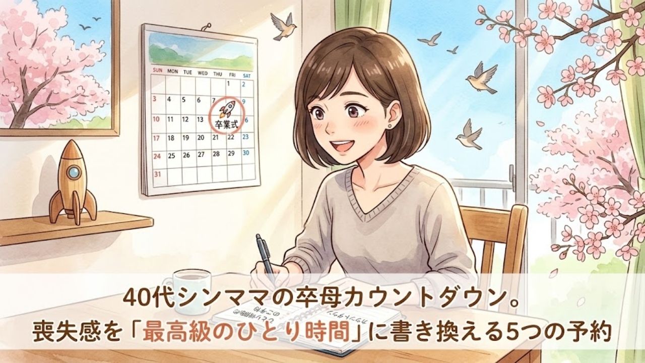 カレンダーを眺めながら手帳に未来の予定を書き込み、寂しさをワクワクする期待感へと書き換えようとする、若々しい日本人シングルマザーのアイキャッチ。下部に記事タイトル「40代シンママの卒母カウントダウン。喪失感を「最高級のひとり時間」に書き換える5つの予約」の文字入り。