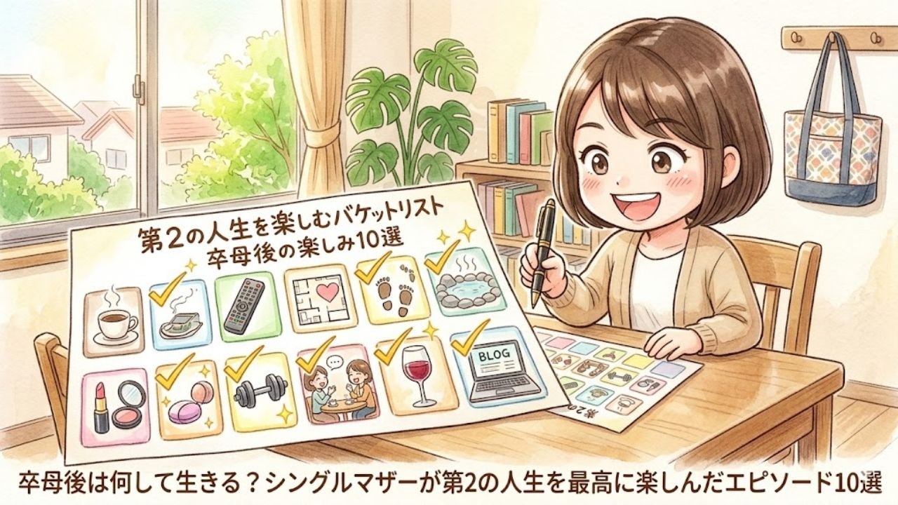 明るい部屋のテーブルで、笑顔で「やりたいことリスト（未来の予約カレンダー）」にチェックを入れていく若々しい日本人シングルマザー。カレンダーには、カフェ、下町ウォーキング、美容、大人の恋愛など、これから満喫する10の楽しみ方を象徴するキラキラしたアイコンとチェックマークが付いている。第2の人生への期待と活力に満ちた四頭身イラスト。