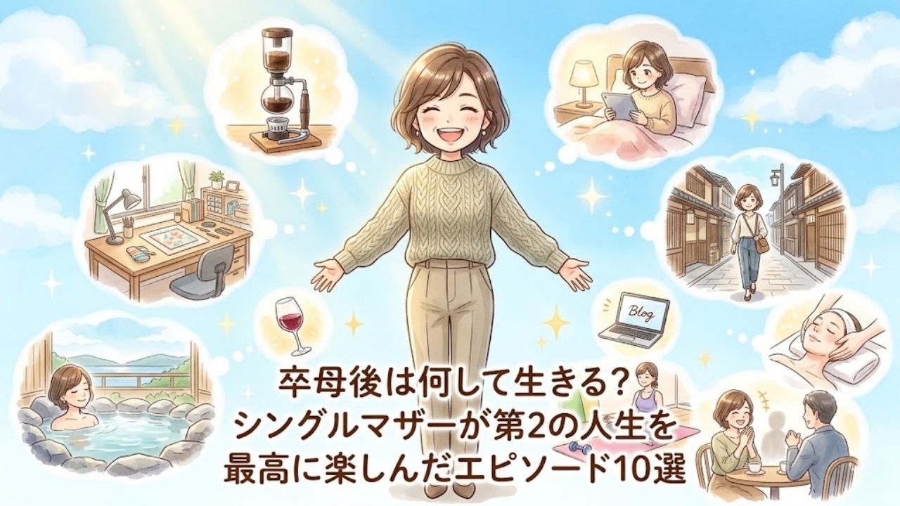 子どもが巣立った（卒母）後の青空の下、解放感に満ちた笑顔で立つ若々しい日本人シングルマザー。彼女の周りには、カフェ、一人旅、美容、恋愛など、これから始まる「第2の人生の楽しみ方（10選）」を象徴するキラキラしたアイコンが浮いている。下部に記事タイトル「卒母後は何して生きる？シングルマザーが第2の人生を最高に楽しんだエピソード10選」の文字入り。水彩画風イラスト。