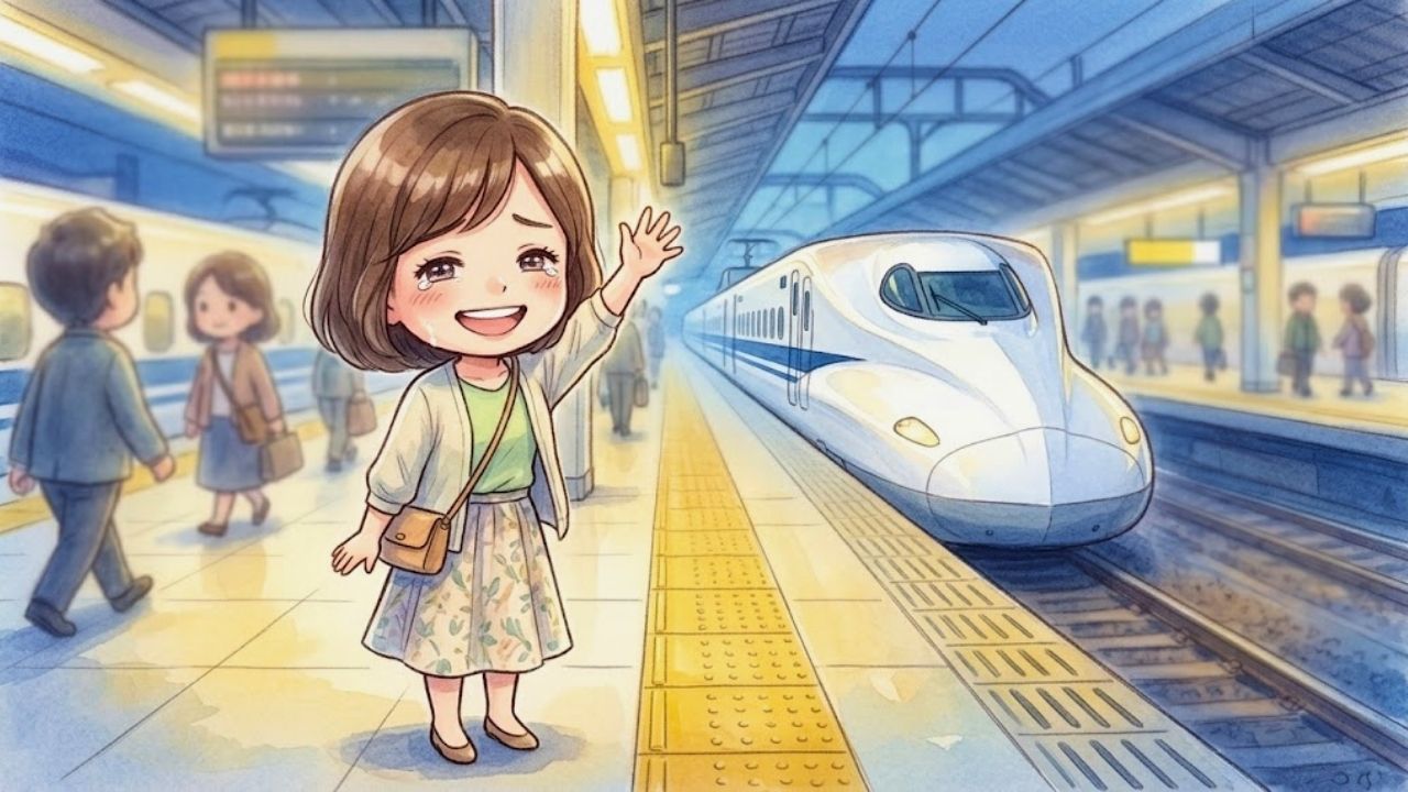新幹線のホームで、遠ざかる列車を笑顔で大きく手を振って見送る日本人シングルマザー。子どもの前では「無敵の母」を演じ切った、強がりの別れのシーン。水彩画風イラスト。