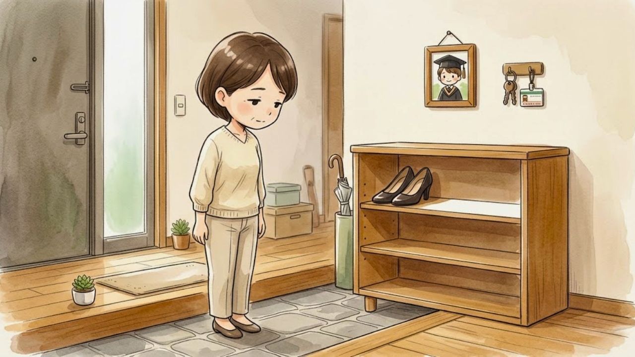 子どもが巣立った後のアパートの玄関で、一足だけ残された自分のパンプスの隣に広く空いたスペース（靴の余白）を静かに見つめ、喪失感と安堵が入り混じった表情の日本人シングルマザー。水彩画風イラスト。