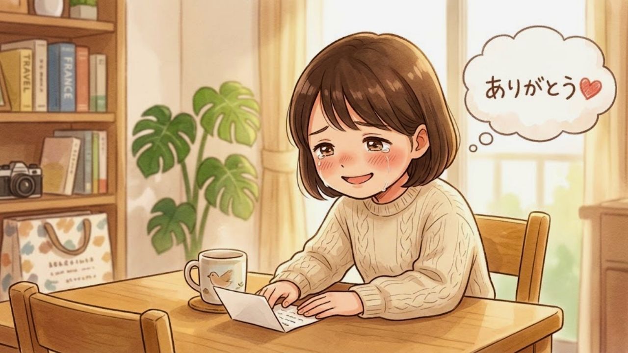 食卓に残された子どもの直筆の感謝のメモを読み、涙を流しながら笑顔で（泣き笑い）見つめる日本人シングルマザー。不器用な一行の言葉にこれまでの苦労が報われた瞬間。水彩画風イラスト。