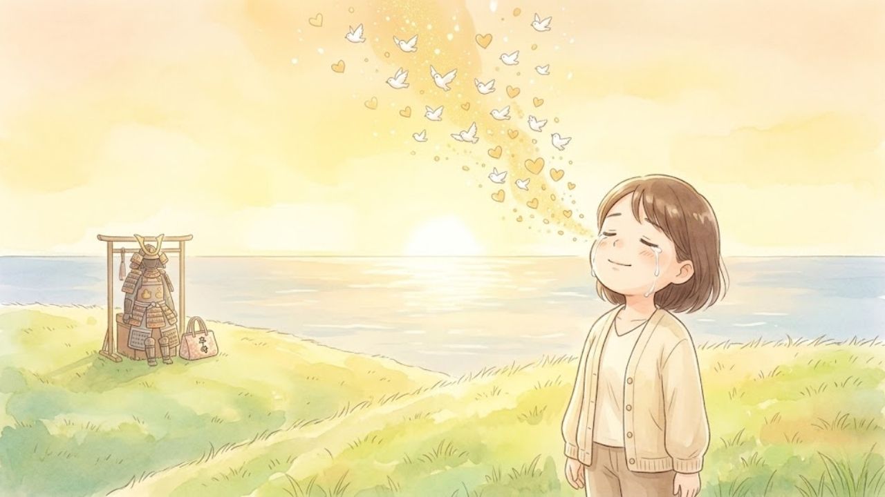 朝日の中で目を閉じ、涙を流す日本人シングルマザー。涙は光の粒や鳥に変わり、空へ飛び立っていく。これまで必死に子どもを愛してきた「愛の結晶」としての涙と、解放。水彩画風イラスト。