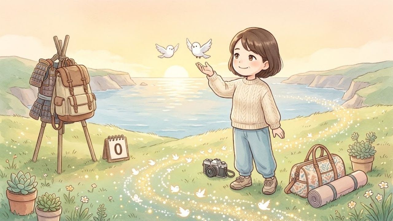 子どもの自立（卒母）と教育費のゴールを、手から白い鳥を放つことで「自分軸」の新しい人生への旅立ちとして受け入れ、 Fulfilled（満たされた）な表情で朝日を見つめる若々しい日本人シングルマザーの四頭身イラスト。周囲には新しい趣味の品々。水彩画風イラスト。