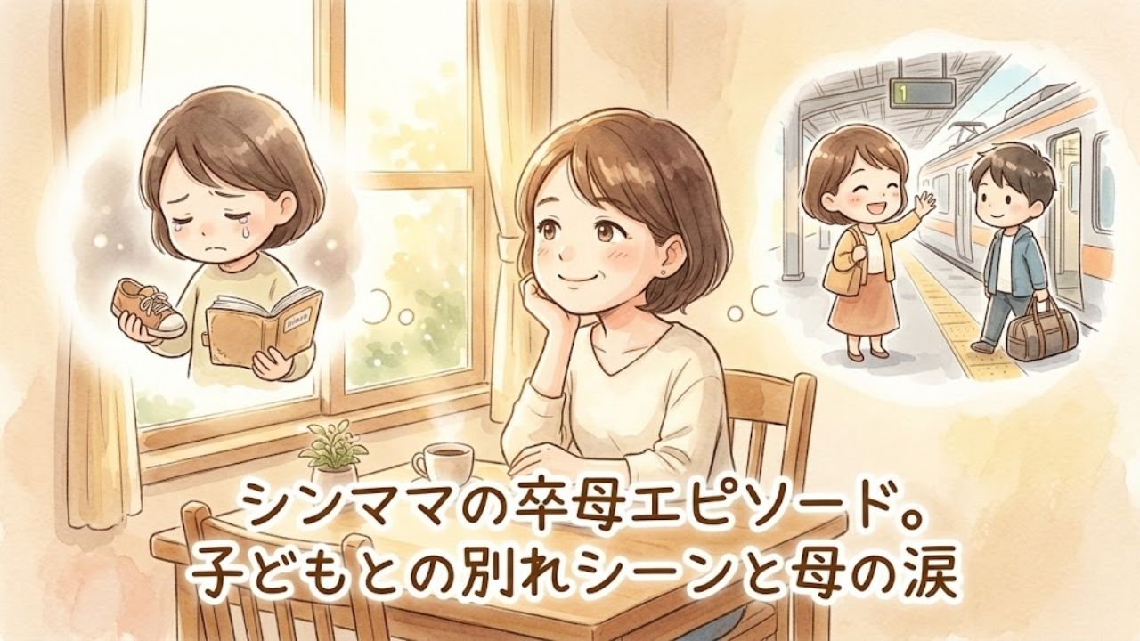 窓辺に座り、笑顔で子どもを見送るシーンと、一人の部屋で涙を流すシーンを二面構成で思い出し、切なさとうれしさが入り混じった穏やかな笑顔を浮かべる日本人シングルマザーのアイキャッチ。下部に記事タイトル「シンママの卒母エピソード。子どもとの別れシーンと母の涙」の文字入り。水彩画風イラスト。