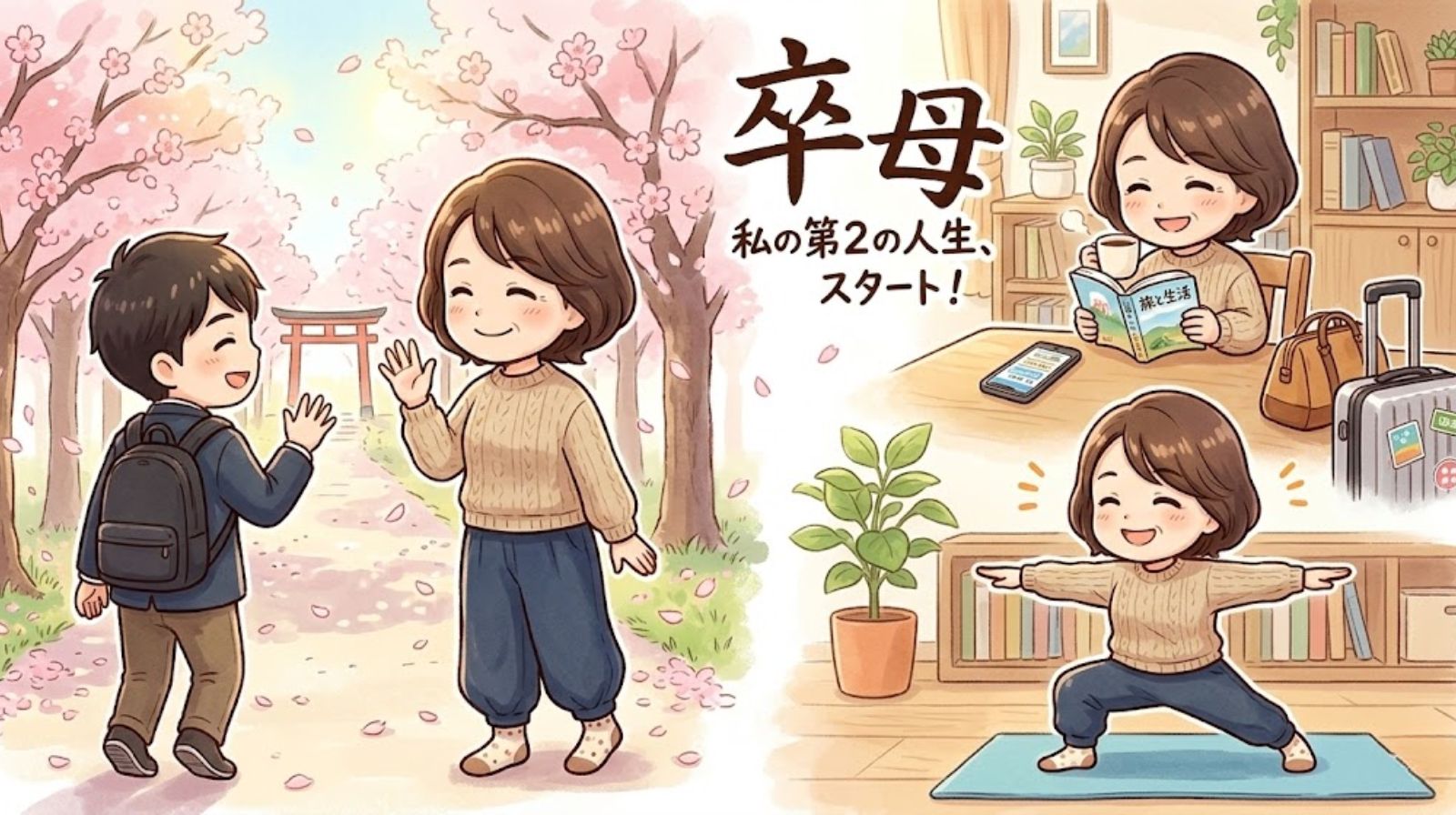 卒母(そつはは)を迎え、成人した子どもを笑顔で見送った後、ヨガや読書など自分の時間を楽しむ若々しいシングルマザーの四頭身イラスト。