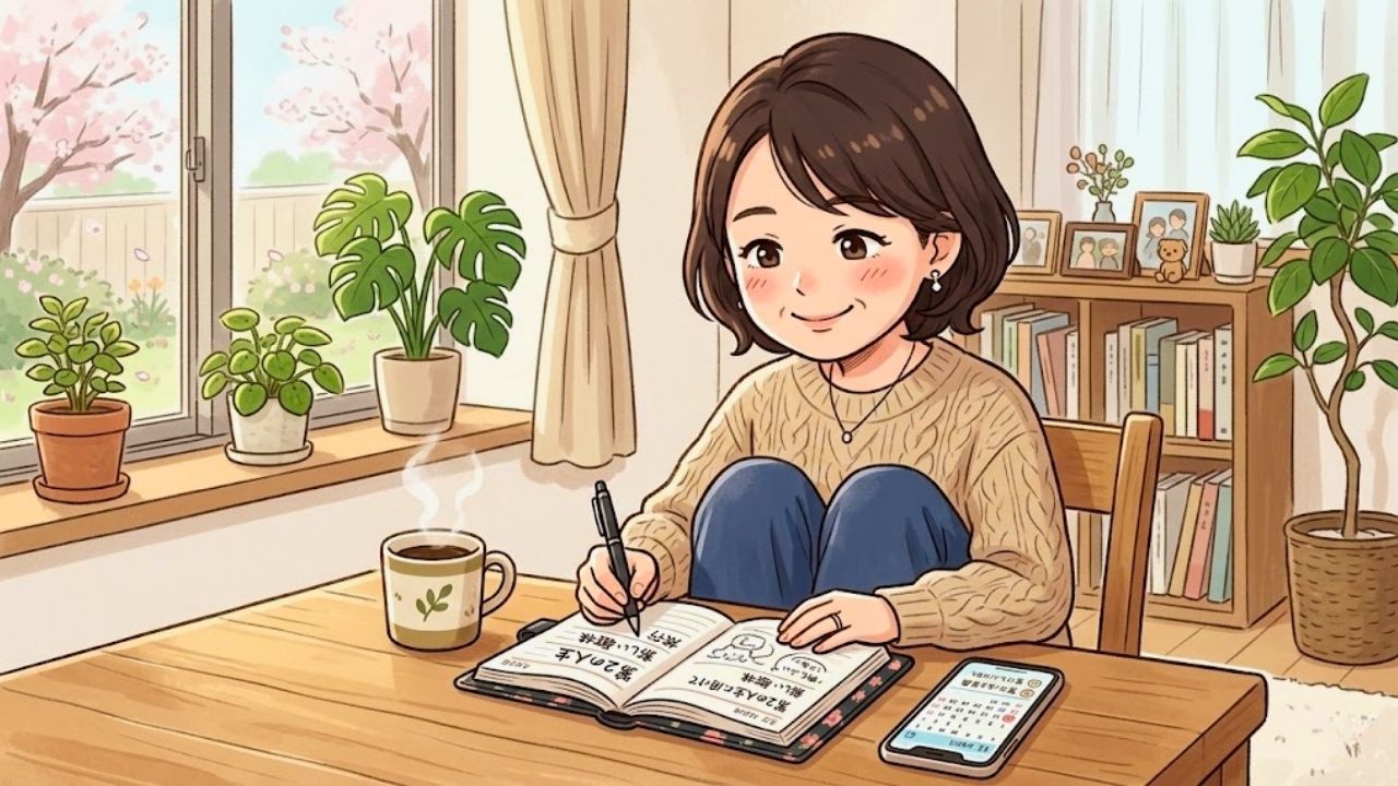 卒母に向けて、自分自身の未来の計画をノートに書き出す、若々しい40代後半のシングルマザーの四頭身イラスト。