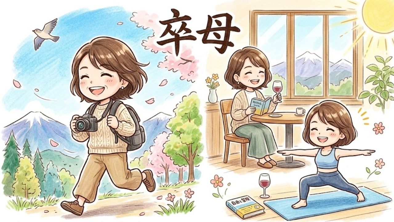 卒母後の寂しさを乗り越え、趣味、ヨガ、休息など、自分の時間を活き活きと満喫するシングルマザーの四頭身イラスト。