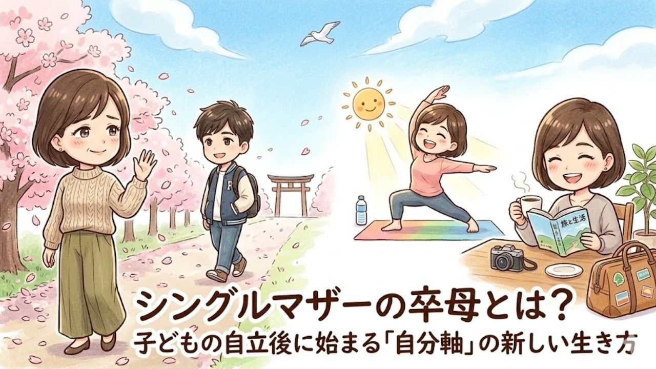 記事タイトル「シングルマザーの卒母とは？ 子どもの自立後に始まる「自分軸」の新しい生き方」の文字が下部に書かれた、成人した子どもを笑顔で見送り、ヨガや読書など自分の時間を満喫する若々しい日本人シングルマザーの四頭身イラスト。