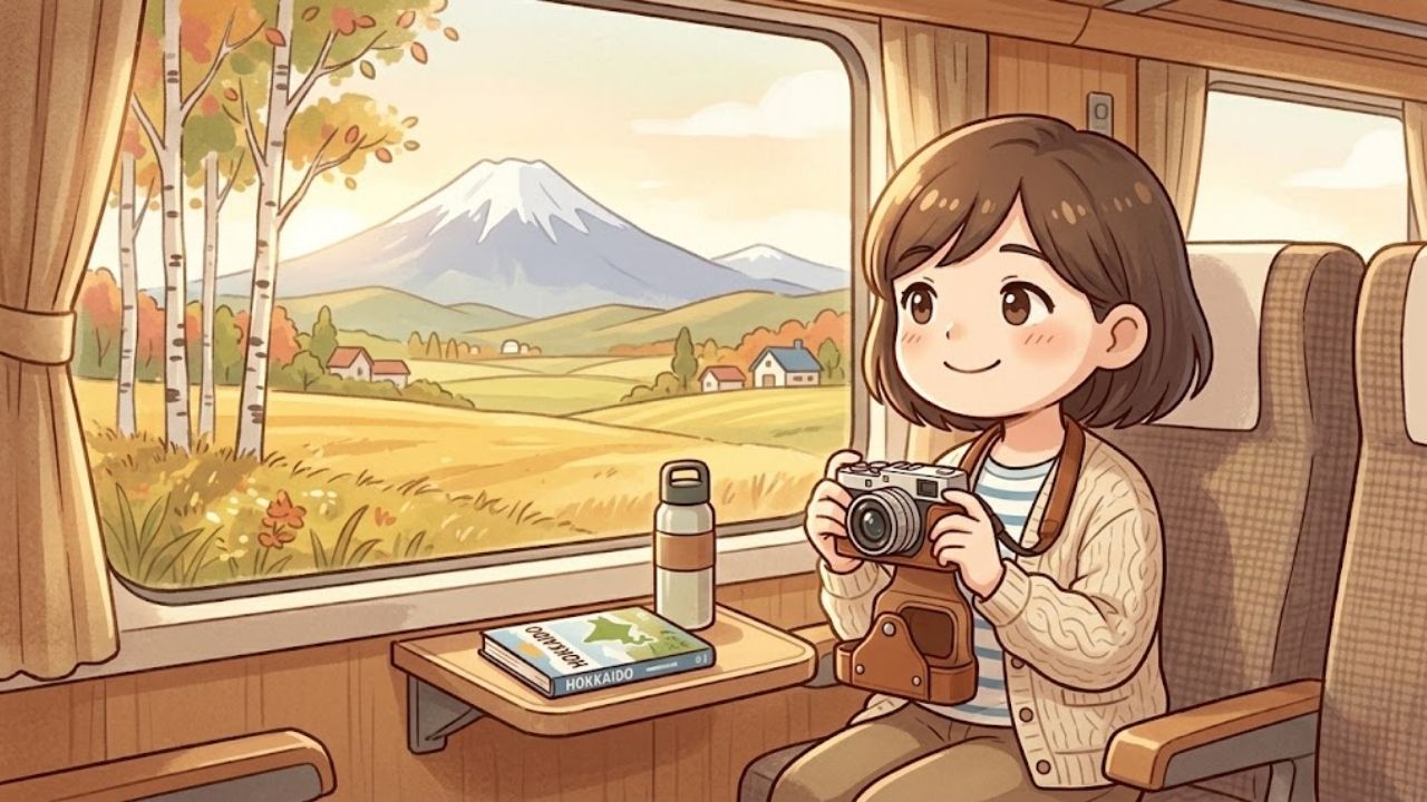 景色が綺麗な電車内でカメラを持ち、誰にも気を遣わずに一人旅の自由を満喫している卒母後のシングルマザーのイラスト。