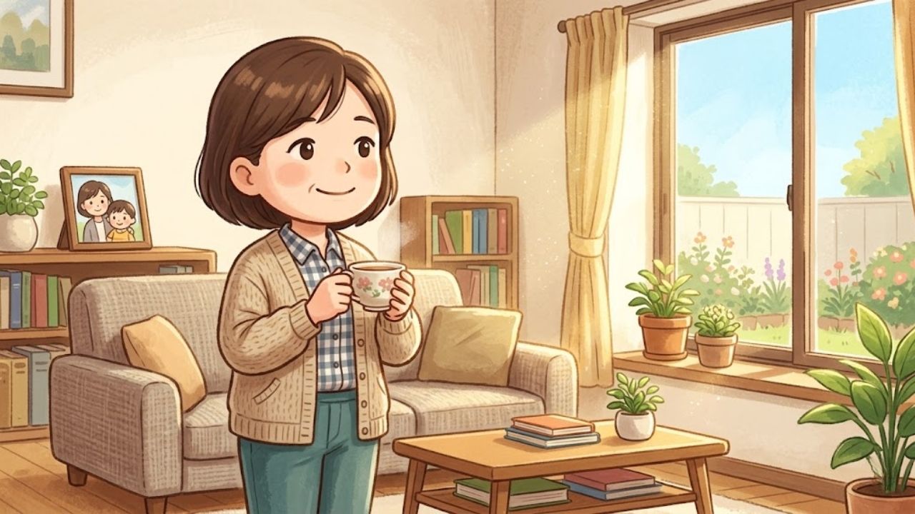 卒母後の自由な時間を自分らしく生きる決意をし、明るいリビングで心からの笑顔を見せるシングルマザーのイラスト。