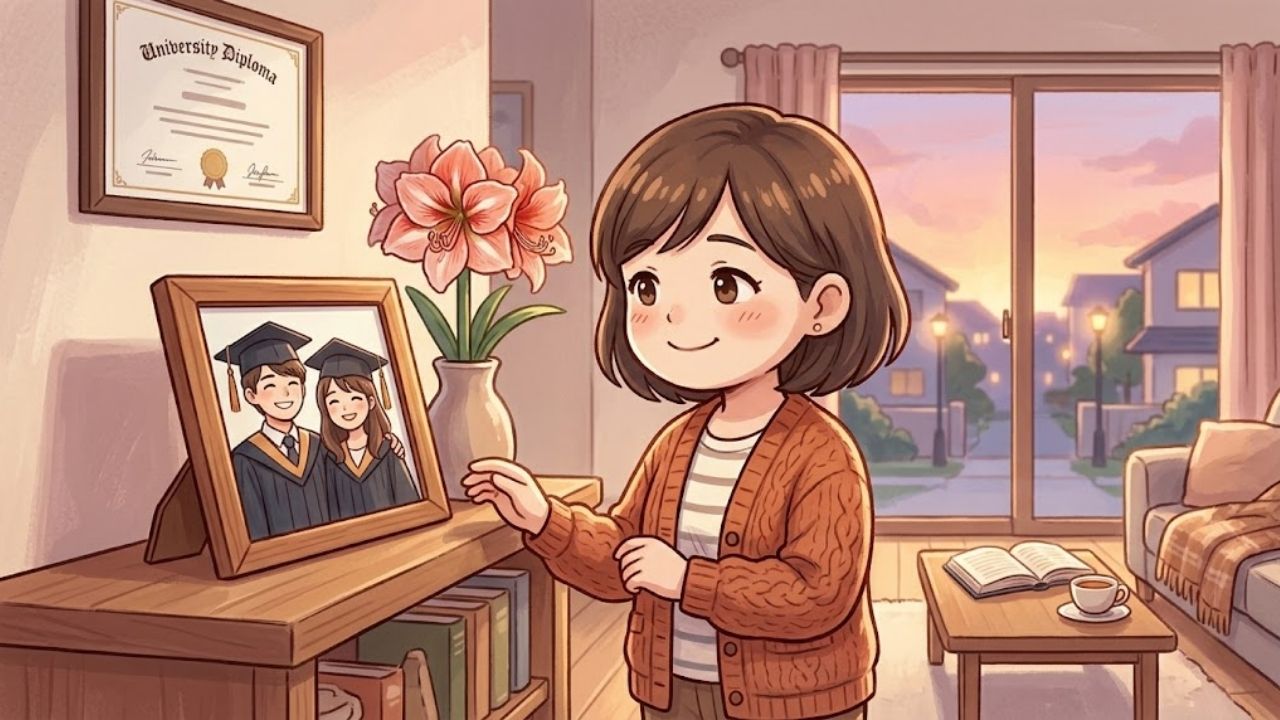 卒母後、子どもが巣立った後の静かなリビングで、写真を眺めながら寂しさと誇らしさを噛み締めるシングルマザー。孤独は子どもを立派に育てた証（勲章）であることを表現したイラスト。