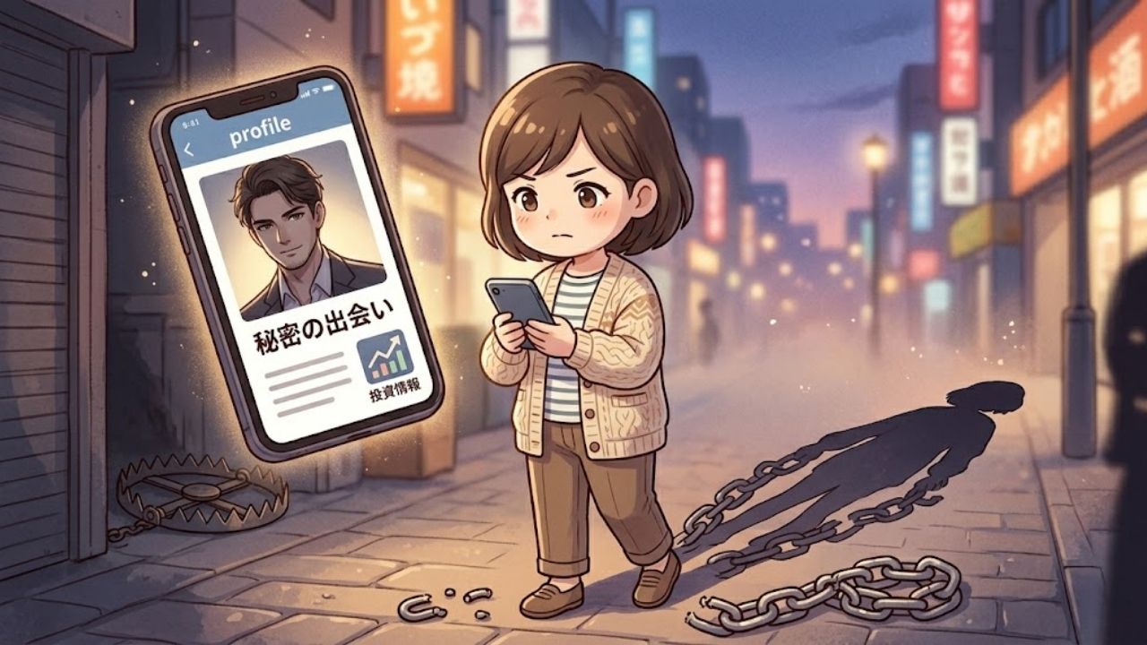 寂しさからの焦りで怪しげな人間関係の罠（例えば依存やヤリモク）に陥りそうになるが、毅然と立ち止まる卒母後のシングルマザー。リスク管理と自衛をテーマにしたイラスト。