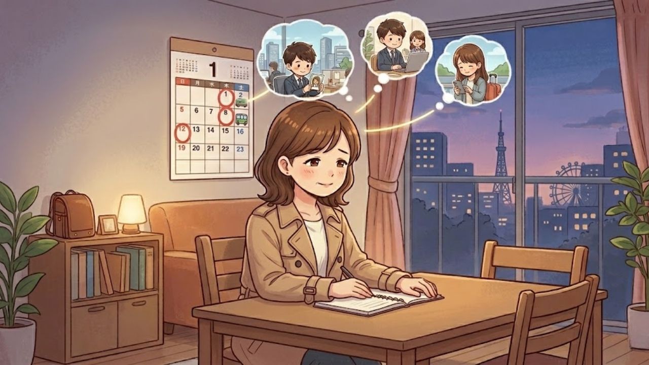 卒母後の静かな部屋で、カレンダーを眺めながら離れて暮らす子どもの帰省頻度に思いを馳せるシングルマザーのイラスト。