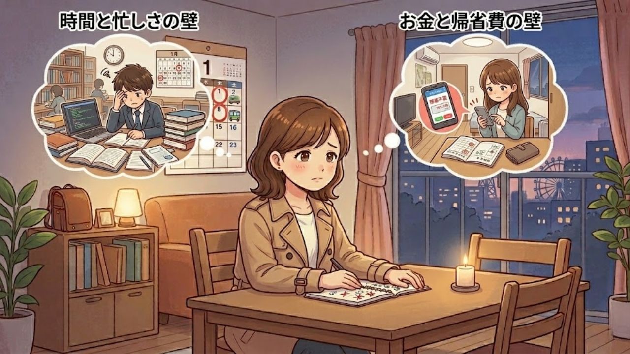 卒母後のリビングで、デスクに座り離れて暮らす子どもたちを想うシングルマザー。彼女の優しく少し寂しげな表情の横に、二つの吹き出しがある。左には大量の本とPCに囲まれ「時間と忙しさの壁」を感じる息子、右には小さな一人暮らしの部屋で「残高不足」のアプリを見て「お金と帰省費の壁」に悩む娘。母の温かい理解を表現。