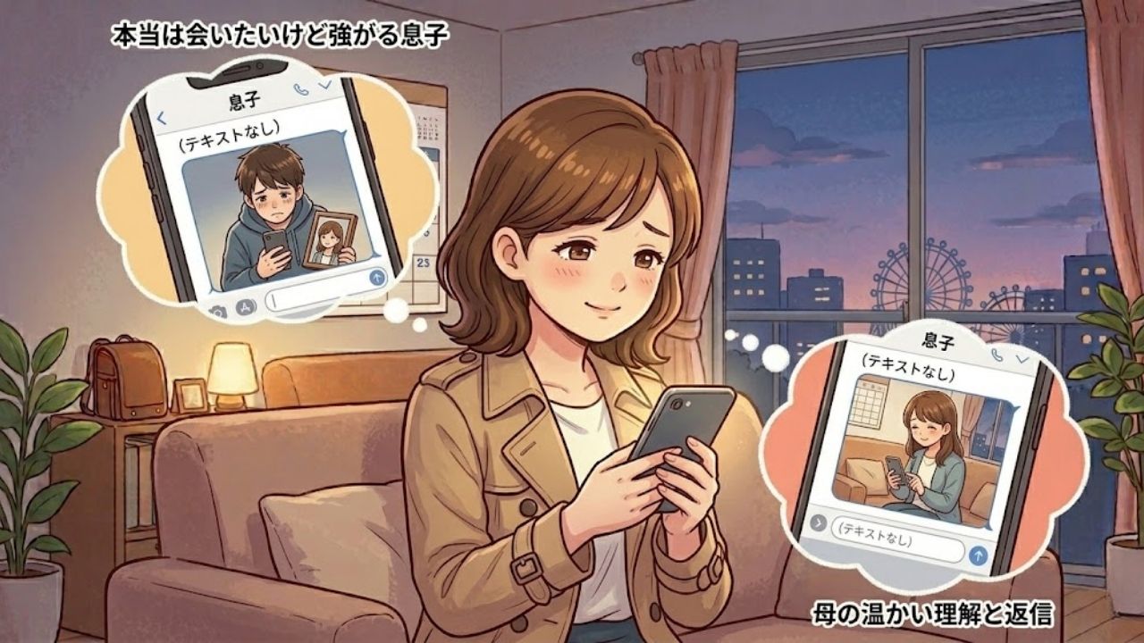 夜景の見えるリビングで、ソファーに座りスマートフォンでやり取りするシングルマザー。左右の吹き出しで、離れて暮らす息子の「本当は会いたい」という隠れた本音（強がる姿）と、それを温かく受け止める母の理解と返信を描いた、親子愛を表現したイラスト。