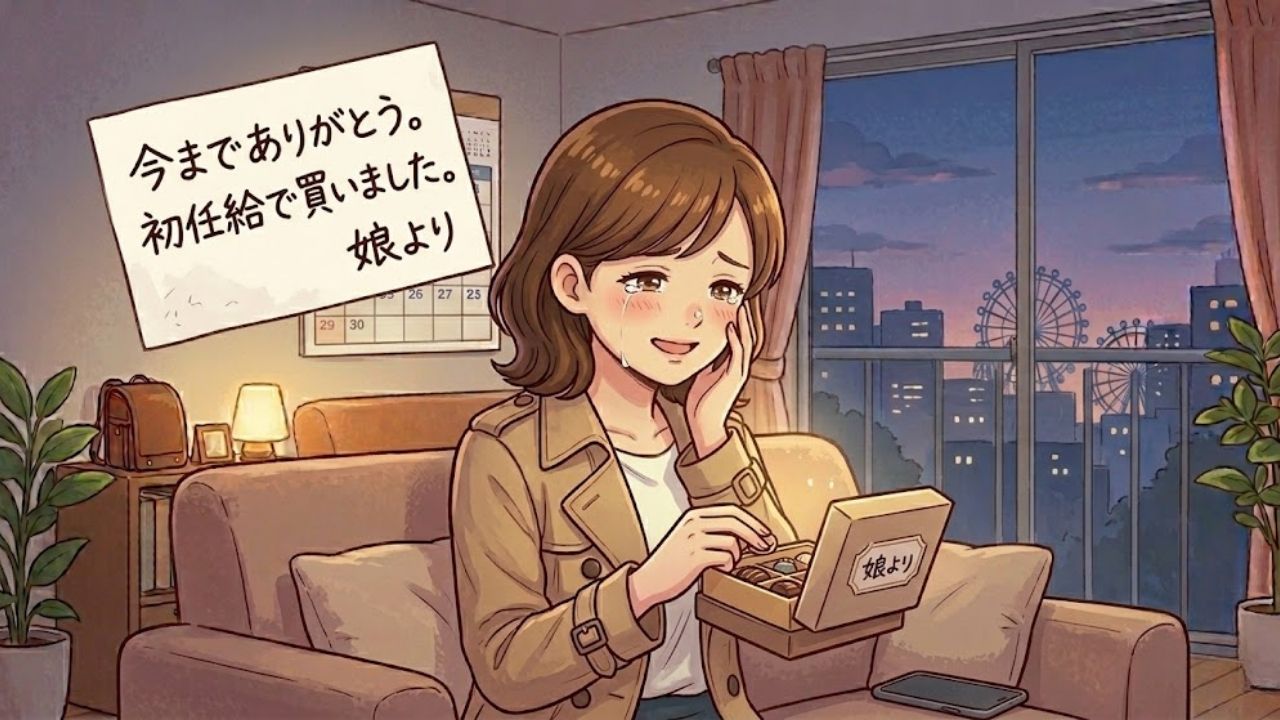 夜景と観覧車が見える窓辺のソファーで、トレンチコートを着た女性が、娘からの初任給の贈り物（チョコレート）を見て、涙を浮かべて微笑んでいるイラスト。左上のメッセージボードには「今までありがとう。初任給で買いました。娘より」と書かれている。テーブルランプが暖かく照らす室内には、小さな植物やカレンダーが見え、卒母後の静かな夜の感動と親子の絆を表現している。