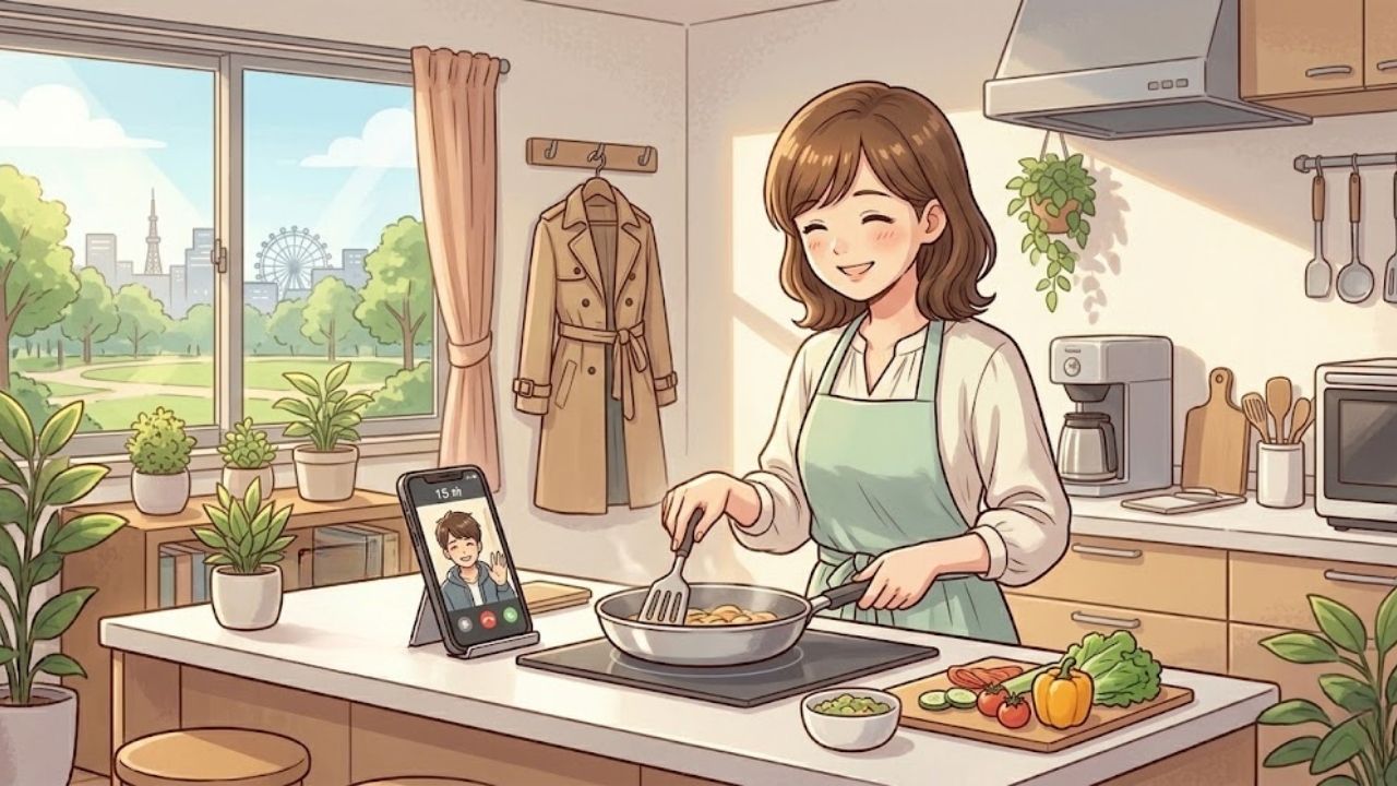 シングルマザーが、昼下がりの明るいキッチンで明るいパステルグリーンのエプロンを着用し、菜箸で鍋をかき混ぜながら、作業台に置いたスマホでビデオ通話をしている。スマホ画面には遠く離れた息子が笑顔で映っており、短い、15分程度の会話を楽しんでいる様子。無理のない日常生活の合間に行う温かい親子コミュニケーションを表現したイラスト。