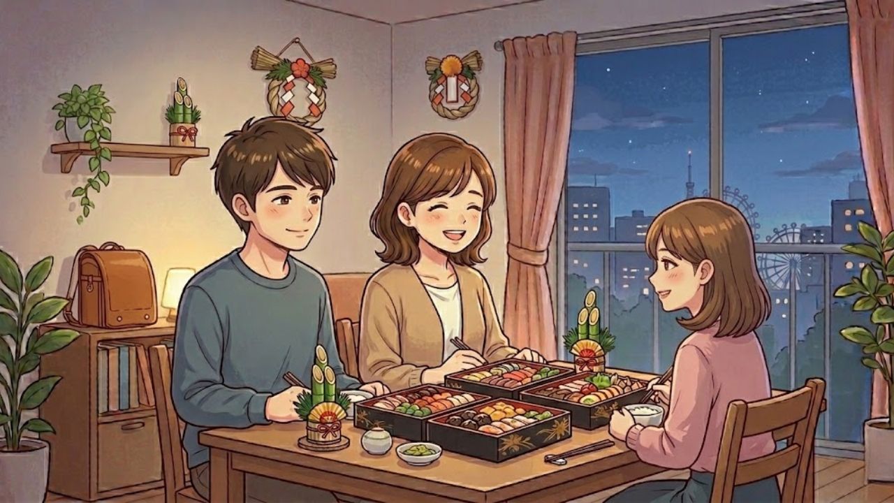 おせち料理を囲んで笑顔で団欒する、シングルマザーと成人した子ども（息子・娘）の家族。
