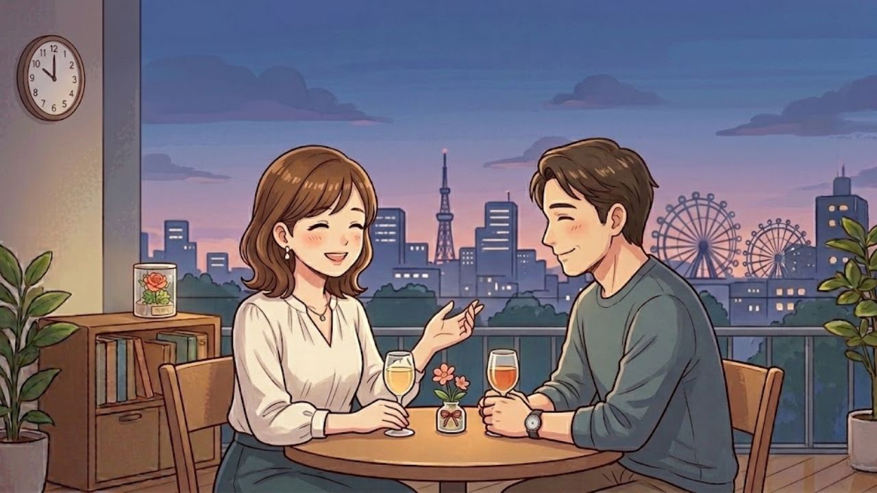 夜景の見える場所でパートナーとデートを楽しむシングルマザーのイラスト。