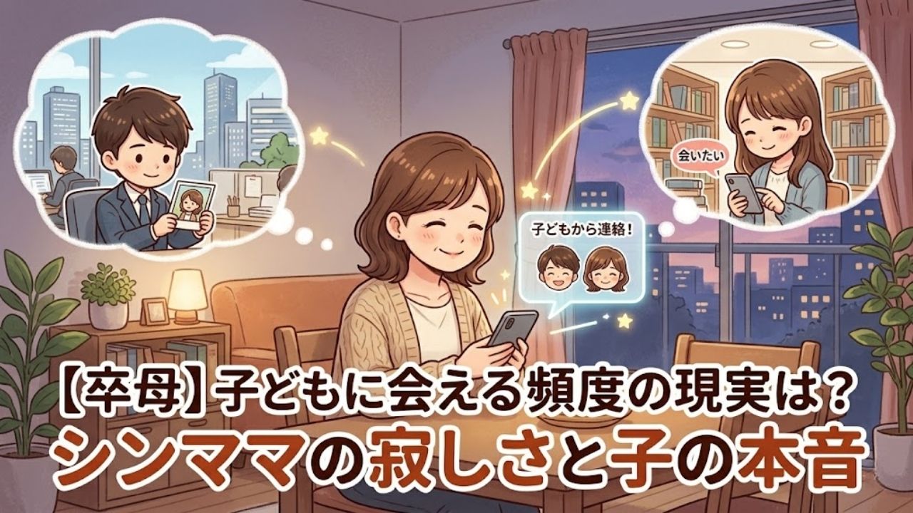 卒母後に子どもと会える頻度のリアルな悩みと親子の本音をテーマにしたブログ記事のアイキャッチ画像。新規デザインの四頭身シンママキャラクターが離れて暮らす子どもを想う温かいイラスト。