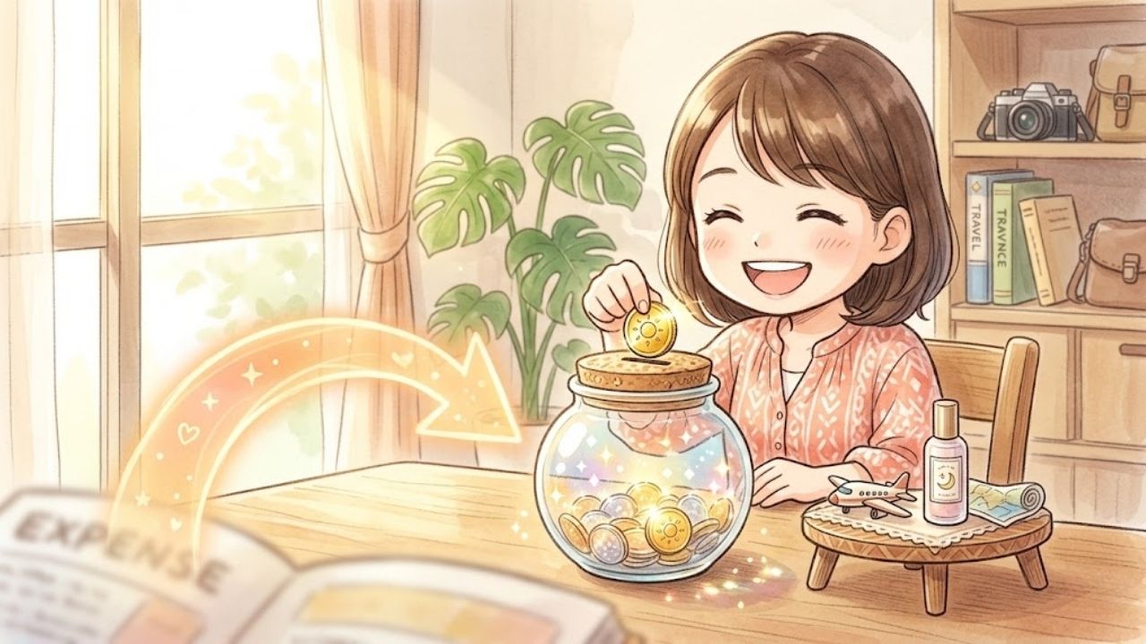 教育費として使っていたお金の流れを自分へ「Uターン」させ、自分用の可愛い貯金瓶に笑顔でコインを入れていく若々しい日本人シングルマザーの四頭身イラスト。テキストなし。