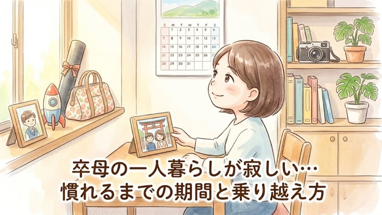 子どもが巣立った後の部屋で、思い出の品と新しい趣味の品々に囲まれ、寂しさを感じつつも前を向こうとするシングルマザーのアイキャッチ。下部に記事タイトル「卒母の一人暮らしが寂しい…慣れるまでの期間と乗り越え方」の文字入り。