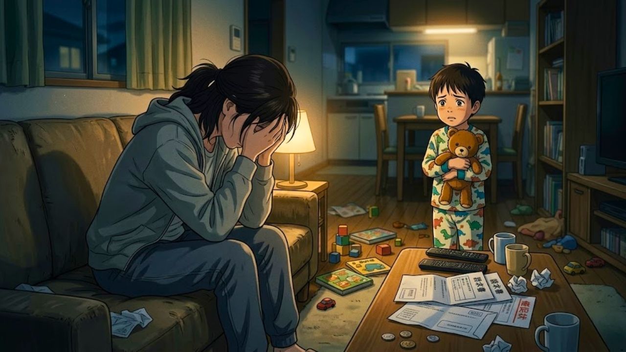 薄暗い居間で、借金の重圧に疲れ果ててソファに倒れ込み、ため息をつく日本のシングルマザーと、離れた場所から不安と悲しみ、傷ついた目で見つめる幼い息子を描いた、ドラマチックなイラスト。親の崩壊が子どもの心を傷つける瞬間を表現している。