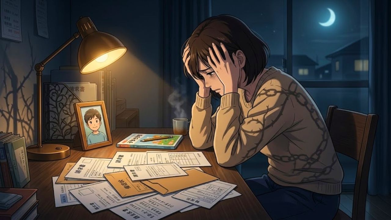 夜、一人で勉強机に向かい、家計簿と督促状を前に頭を抱えて苦悩する日本のシングルマザーを描いた、情緒的なイラスト。机には子どもの写真と教科書が置かれており、愛情と借金の重圧の間で葛藤する姿を表現している。