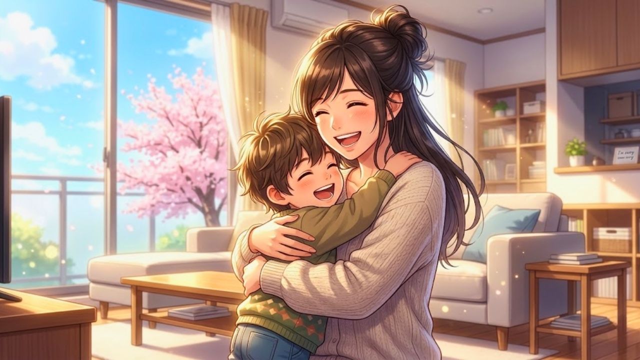 日当たりの良い明るい居間で、心からの満面の笑みで笑い合い、しっかりと抱きしめ合う日本のシングルマザーと幼い息子を描いた、心温まるイラスト。窓の外には青空が広がり、過去の悲しみや「ごめんね」と泣く日々を乗り越え、親子で笑える安心と希望に満ちた未来を表現している。