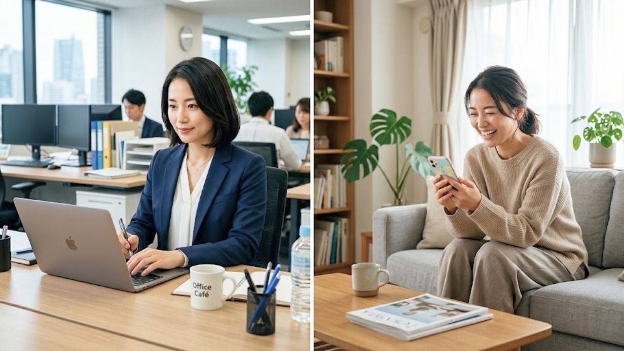 左はオフィスで仕事をこなす女性、右は休日にマッチングアプリを楽しむ女性。左右同じ女性。