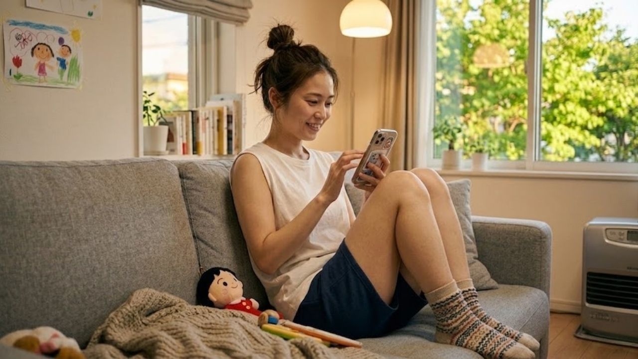 下ネタ男のいない自分に合ったマッチングアプリと出会い、楽しそうな表情でスマホを見ているシングルマザー。