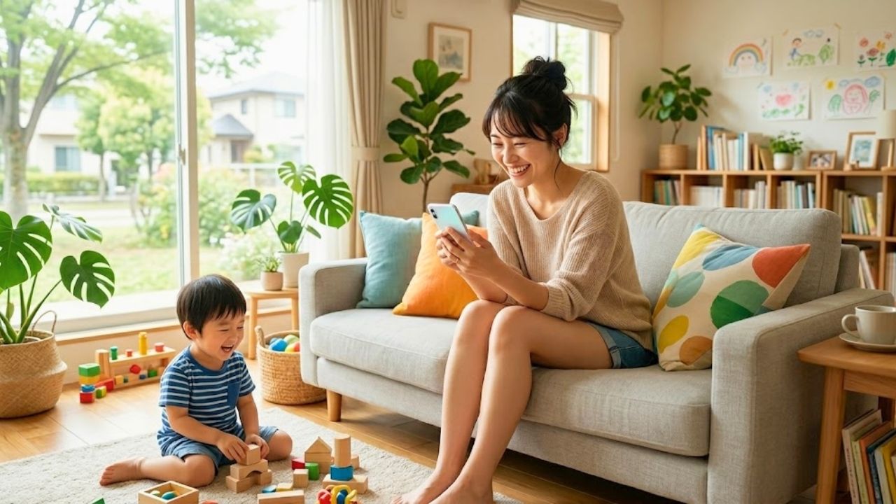 安全なマッチングアプリと出会い、楽しそうにスマホを見ているシングルマザー。