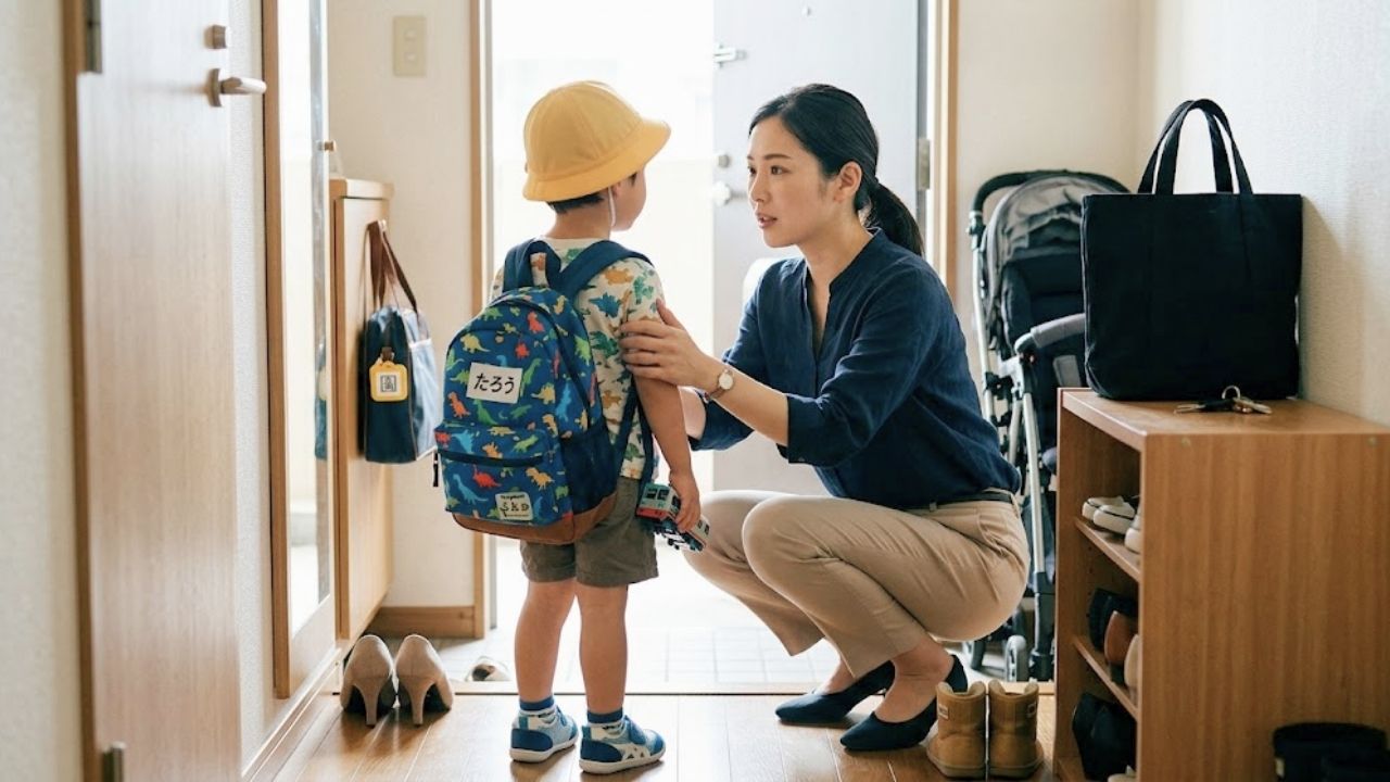 出勤前（子どもを保育園に送る前）の玄関で、子どもに何かを言い聞かせているシングルマザー。