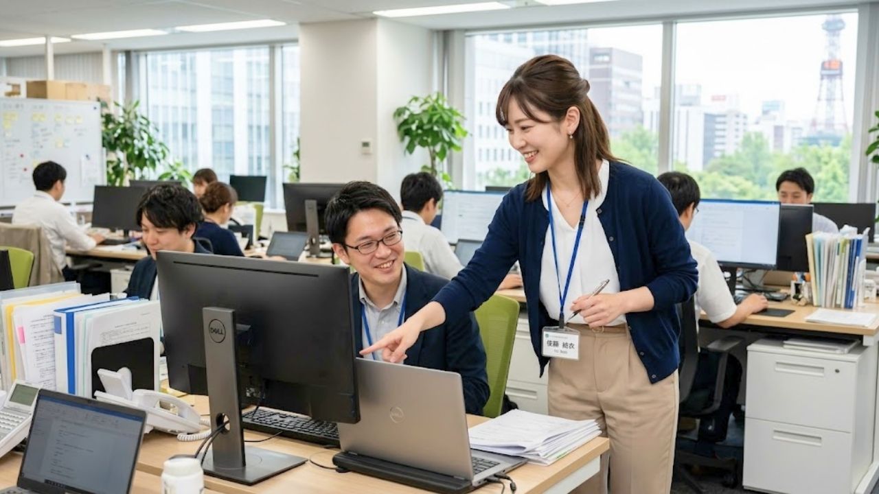 お互いをフォローしあうオフィスの様子。シングルマザーの女性社員が、同僚の仕事を手伝っている。